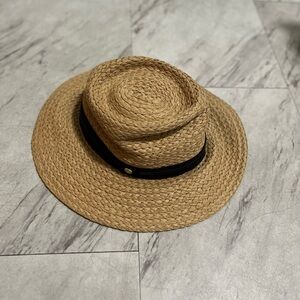 Vince Camuto Straw Panama Hat with Ribbon Trim Tan and Black